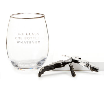 Stemless Wine Glass & Corkscrew Set